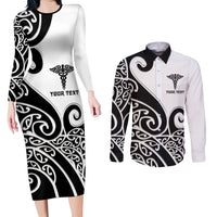 Personalised New Zealand Nurse Couples Matching Long Sleeve Bodycon Dress and Long Sleeve Button Shirt Maori Koru Black Version