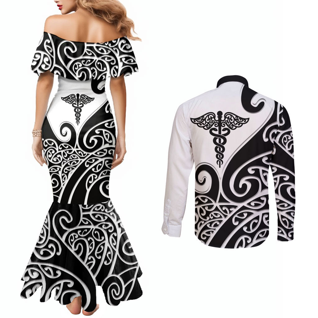Personalised New Zealand Nurse Couples Matching Mermaid Dress and Long Sleeve Button Shirt Maori Koru Black Version