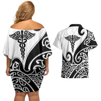 Personalised New Zealand Nurse Couples Matching Off Shoulder Short Dress and Hawaiian Shirt Maori Koru Black Version
