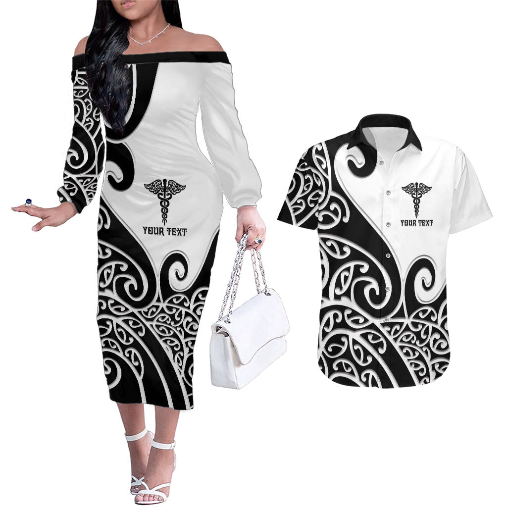 Personalised New Zealand Nurse Couples Matching Off The Shoulder Long Sleeve Dress and Hawaiian Shirt Maori Koru Black Version LT05 Black - Polynesian Pride