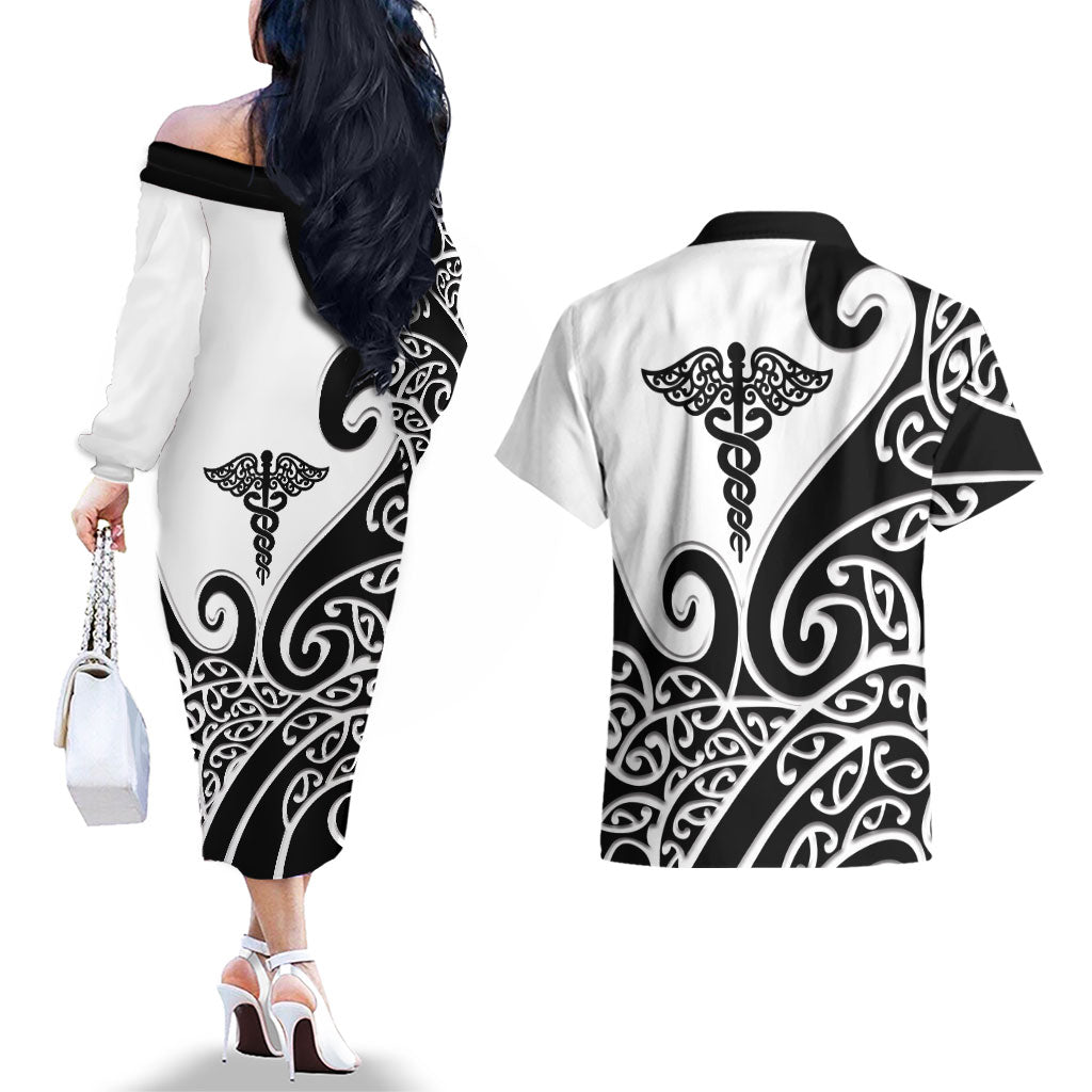 Personalised New Zealand Nurse Couples Matching Off The Shoulder Long Sleeve Dress and Hawaiian Shirt Maori Koru Black Version LT05 - Polynesian Pride