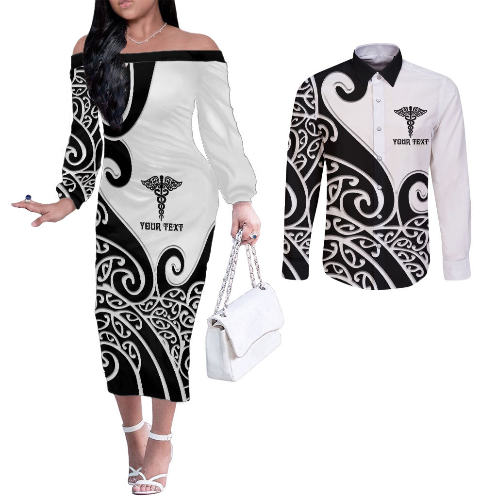 Personalised New Zealand Nurse Couples Matching Off The Shoulder Long Sleeve Dress and Long Sleeve Button Shirt Maori Koru Black Version