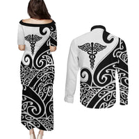 Personalised New Zealand Nurse Couples Matching Puletasi and Long Sleeve Button Shirt Maori Koru Black Version