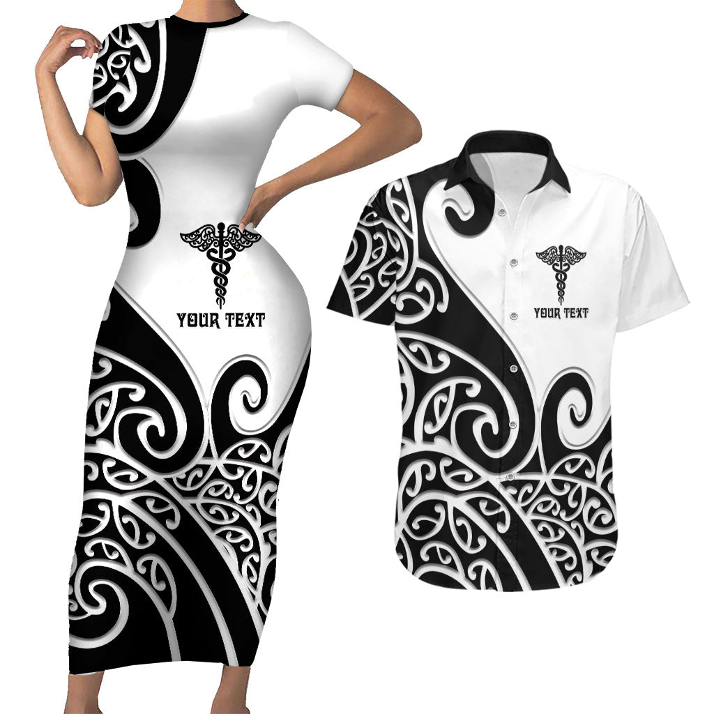 Personalised New Zealand Nurse Couples Matching Short Sleeve Bodycon Dress and Hawaiian Shirt Maori Koru Black Version