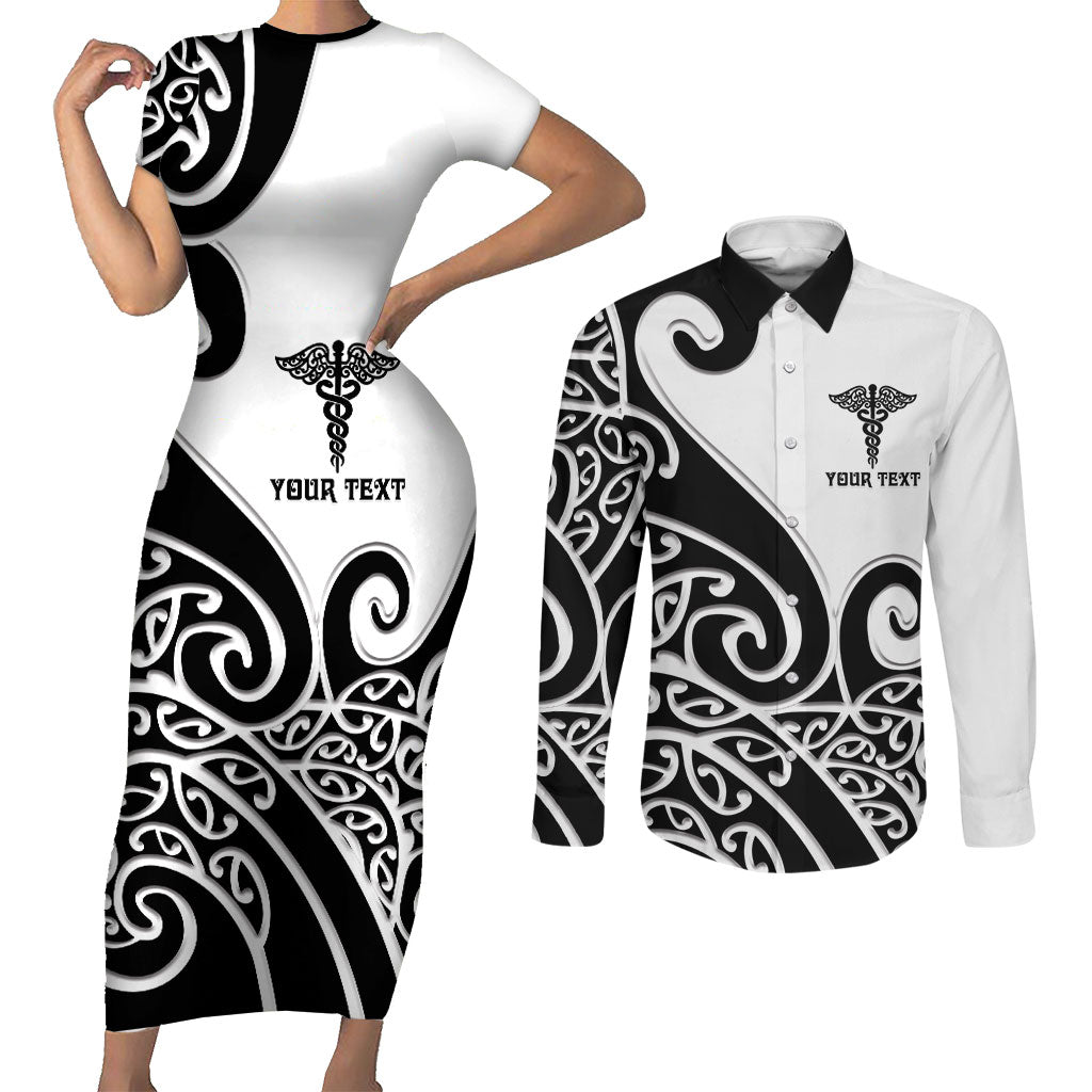 Personalised New Zealand Nurse Couples Matching Short Sleeve Bodycon Dress and Long Sleeve Button Shirt Maori Koru Black Version