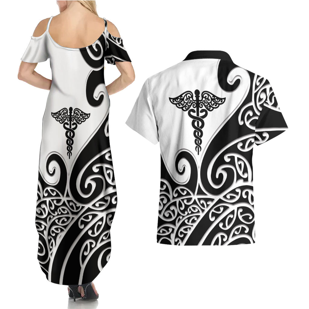 Personalised New Zealand Nurse Couples Matching Summer Maxi Dress and Hawaiian Shirt Maori Koru Black Version