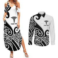 Personalised New Zealand Nurse Couples Matching Summer Maxi Dress and Long Sleeve Button Shirt Maori Koru Black Version