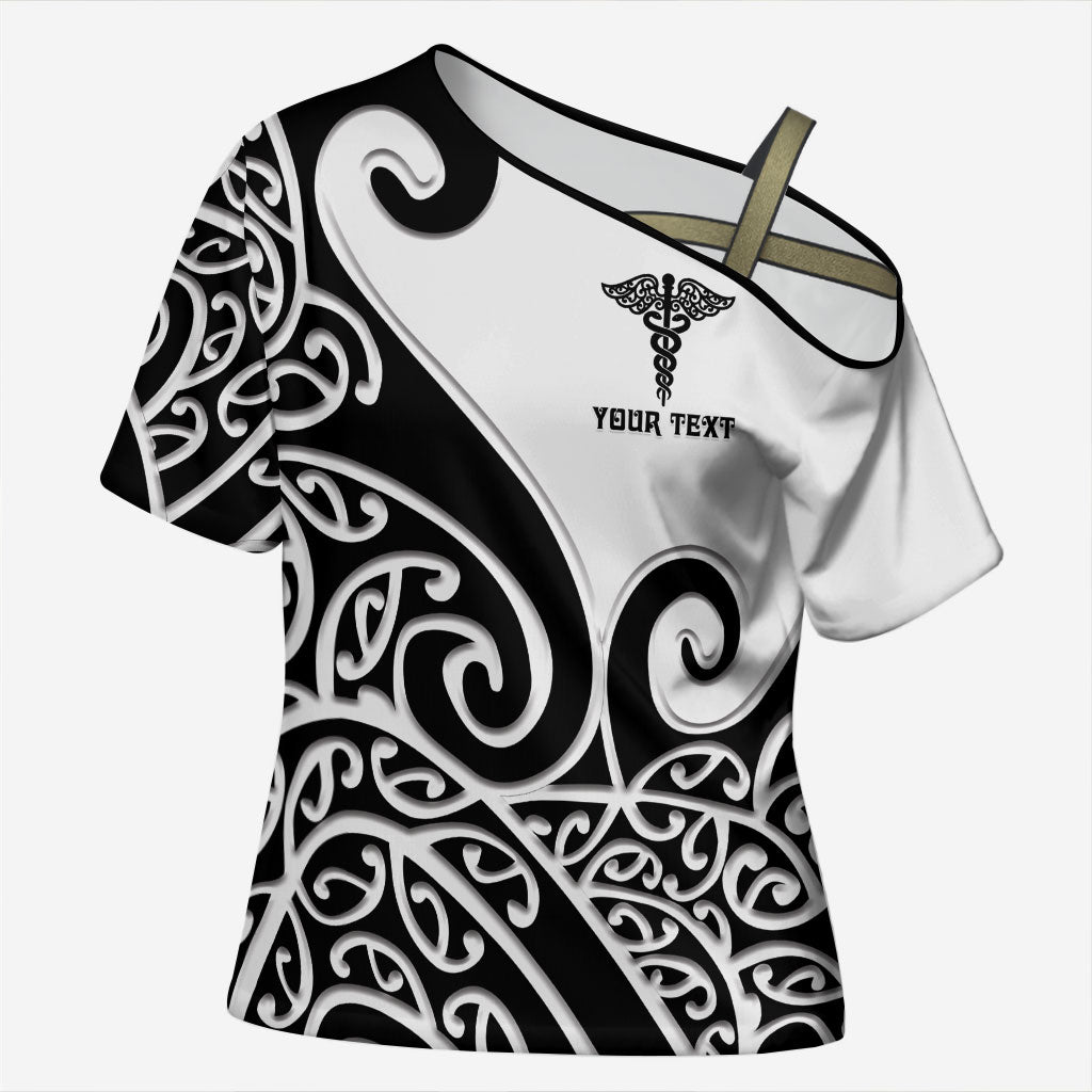 Personalised New Zealand Nurse Cross Shoulder Shirt Maori Koru Black Version