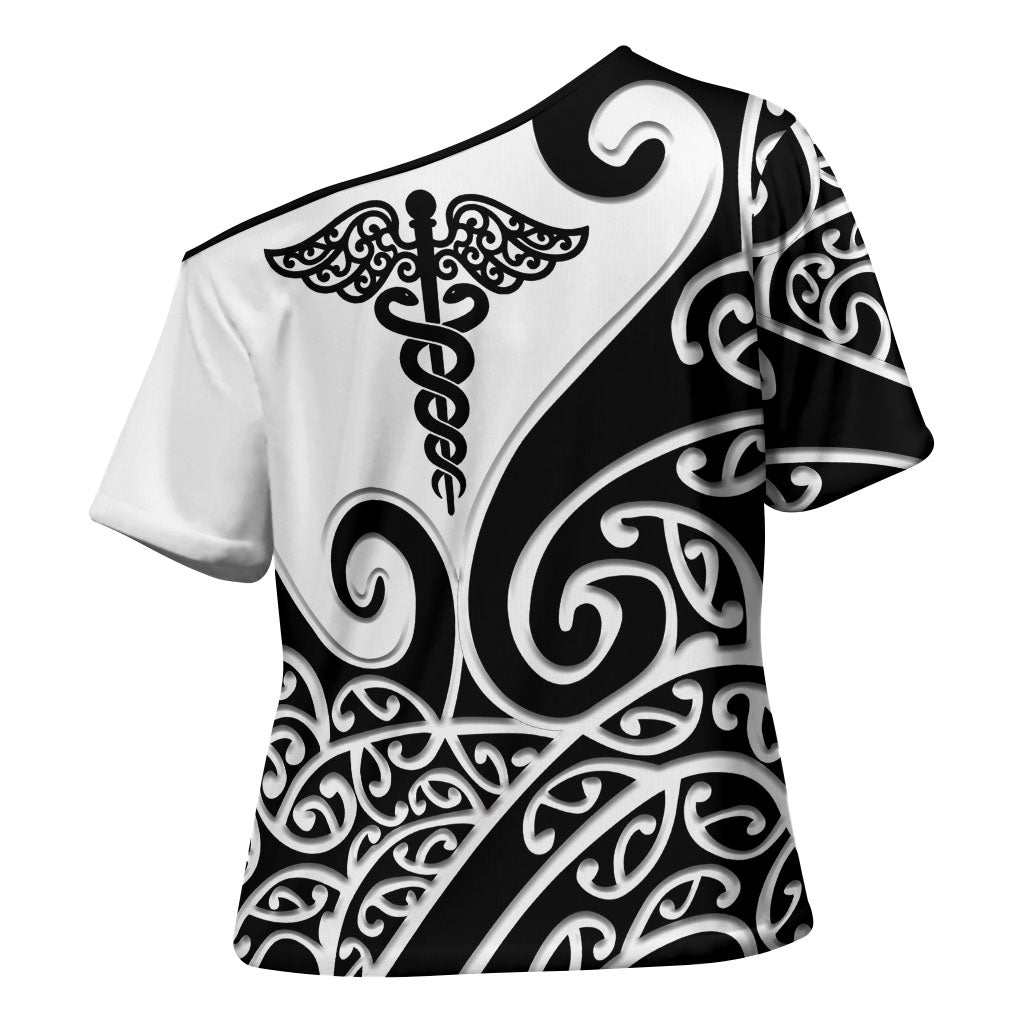 Personalised New Zealand Nurse Cross Shoulder Shirt Maori Koru Black Version