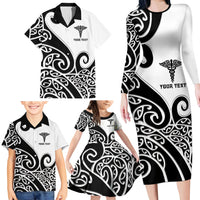 Personalised New Zealand Nurse Family Matching Long Sleeve Bodycon Dress and Hawaiian Shirt Maori Koru Black Version