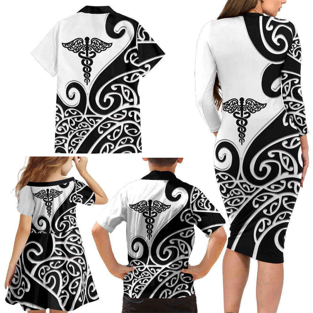 Personalised New Zealand Nurse Family Matching Long Sleeve Bodycon Dress and Hawaiian Shirt Maori Koru Black Version