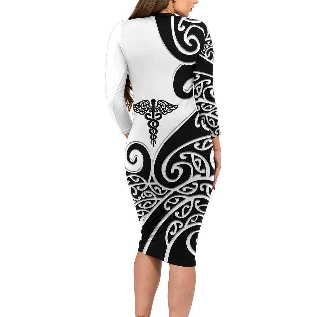 Personalised New Zealand Nurse Family Matching Long Sleeve Bodycon Dress and Hawaiian Shirt Maori Koru Black Version