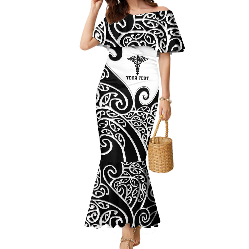 Personalised New Zealand Nurse Family Matching Mermaid Dress and Hawaiian Shirt Maori Koru Black Version
