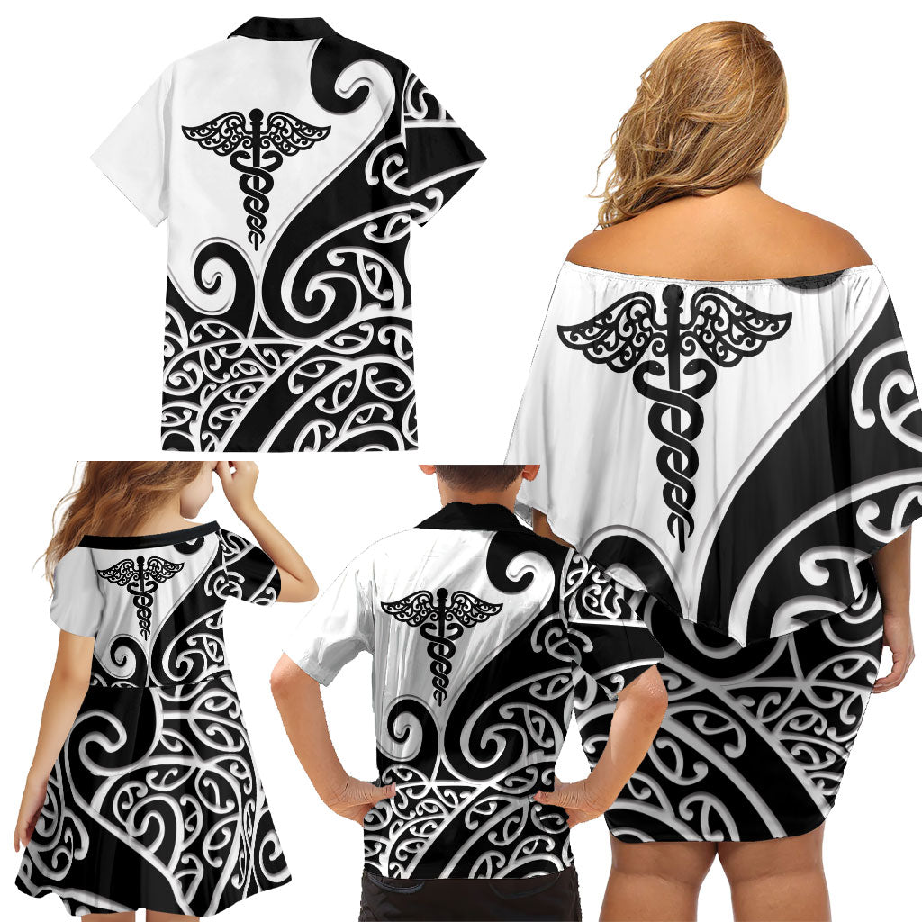 Personalised New Zealand Nurse Family Matching Off Shoulder Short Dress and Hawaiian Shirt Maori Koru Black Version