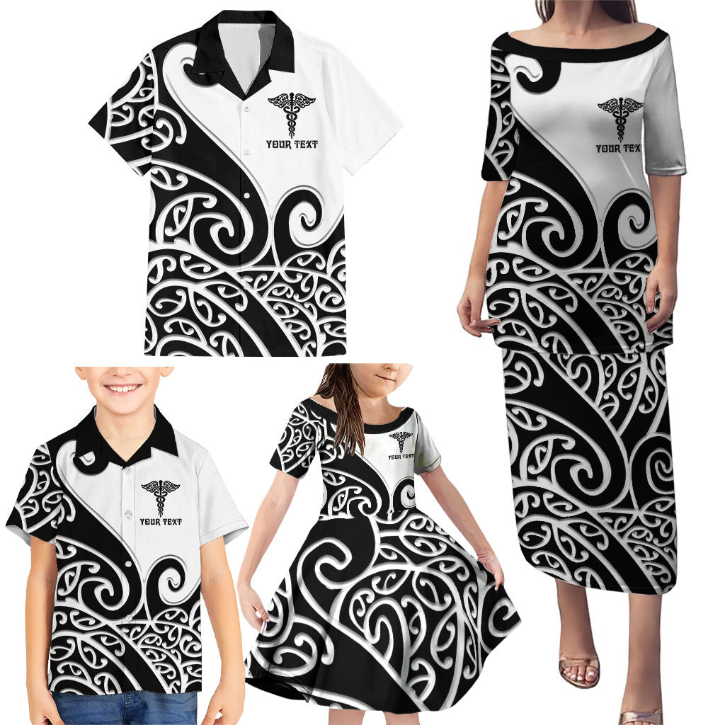 Personalised New Zealand Nurse Family Matching Puletasi and Hawaiian Shirt Maori Koru Black Version
