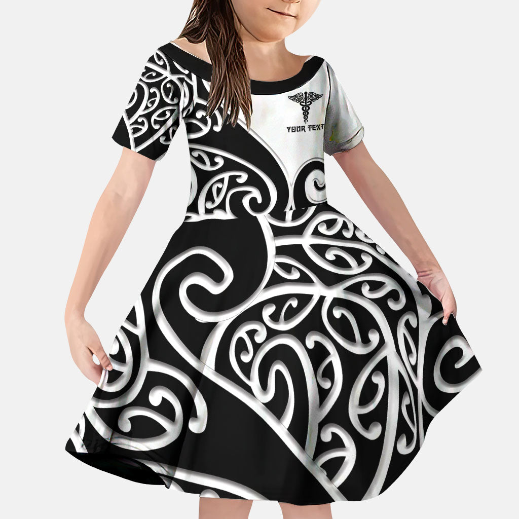 Personalised New Zealand Nurse Family Matching Summer Maxi Dress and Hawaiian Shirt Maori Koru Black Version