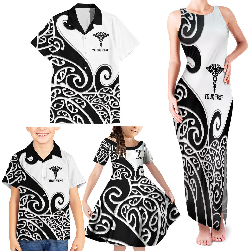 Personalised New Zealand Nurse Family Matching Tank Maxi Dress and Hawaiian Shirt Maori Koru Black Version