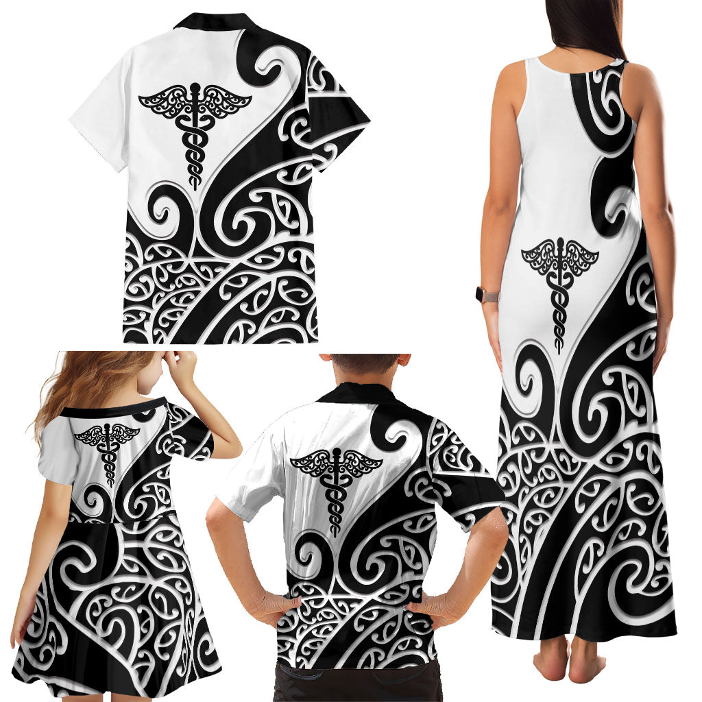 Personalised New Zealand Nurse Family Matching Tank Maxi Dress and Hawaiian Shirt Maori Koru Black Version