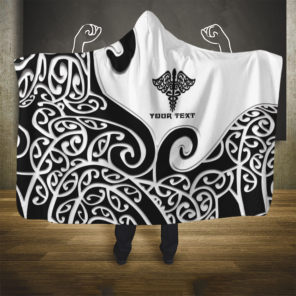 Personalised New Zealand Nurse Hooded Blanket Maori Koru Black Version LT05 - Polynesian Pride