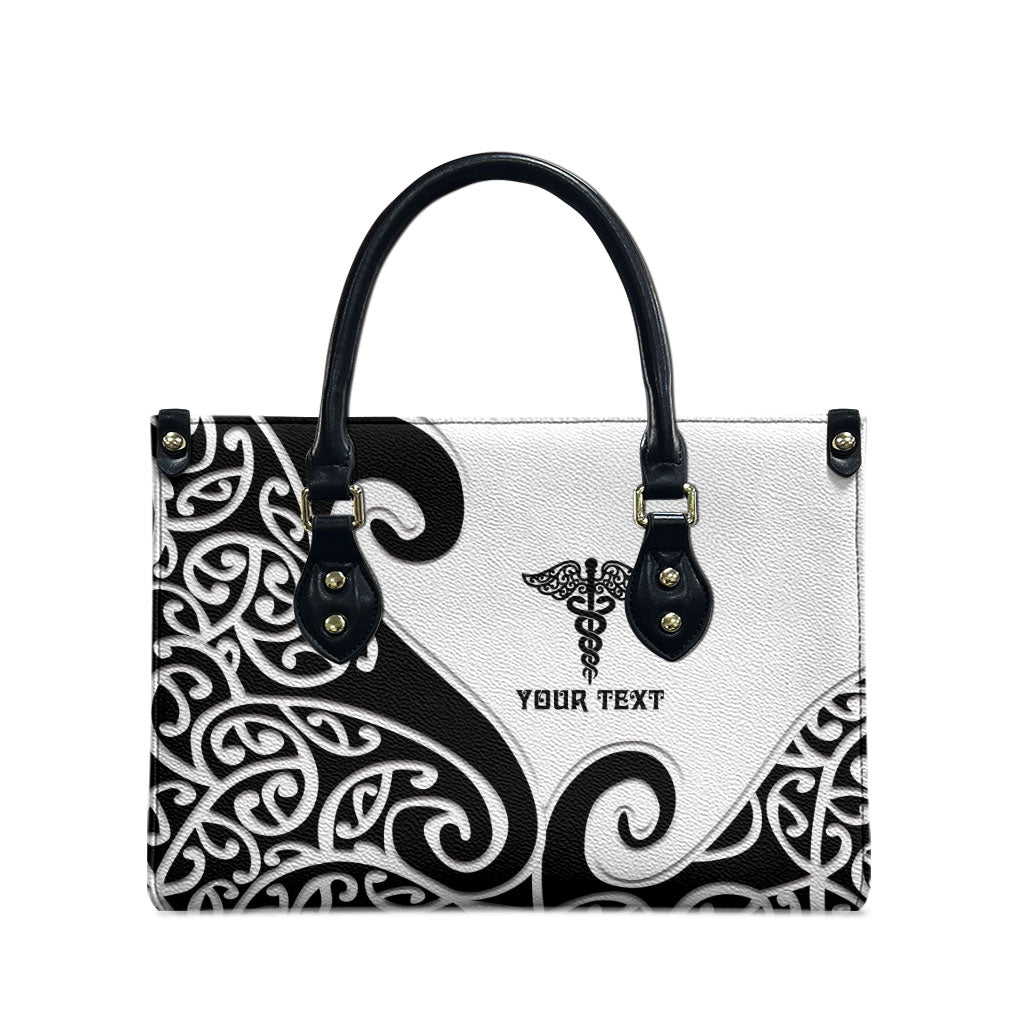 Personalised New Zealand Nurse Leather Bag Maori Koru Black Version