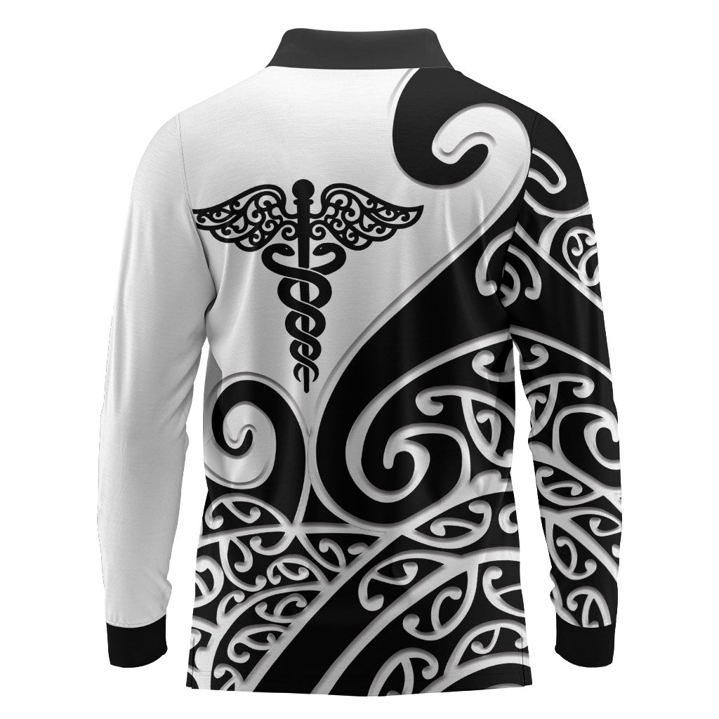Personalised New Zealand Nurse Long Sleeve Polo Shirt Maori Koru Black Version