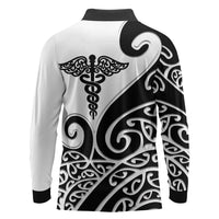 Personalised New Zealand Nurse Long Sleeve Polo Shirt Maori Koru Black Version