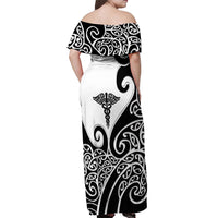 Personalised New Zealand Nurse Off Shoulder Maxi Dress Maori Koru Black Version