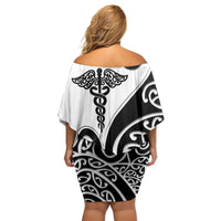 Personalised New Zealand Nurse Off Shoulder Short Dress Maori Koru Black Version