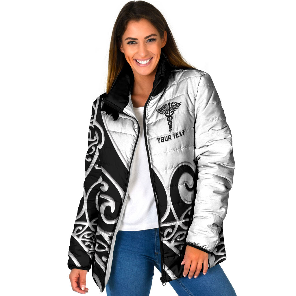 Personalised New Zealand Nurse Padded Jacket Maori Koru Black Version