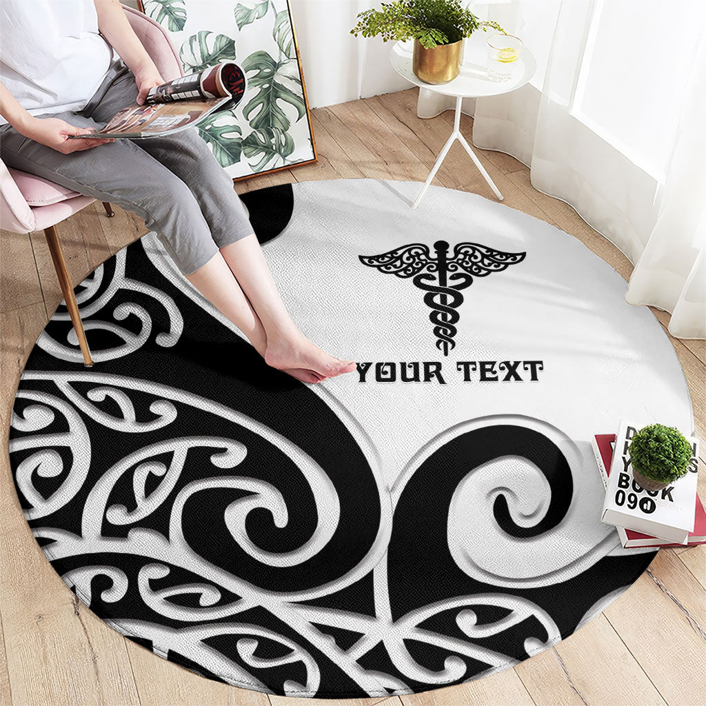 Personalised New Zealand Nurse Round Carpet Maori Koru Black Version