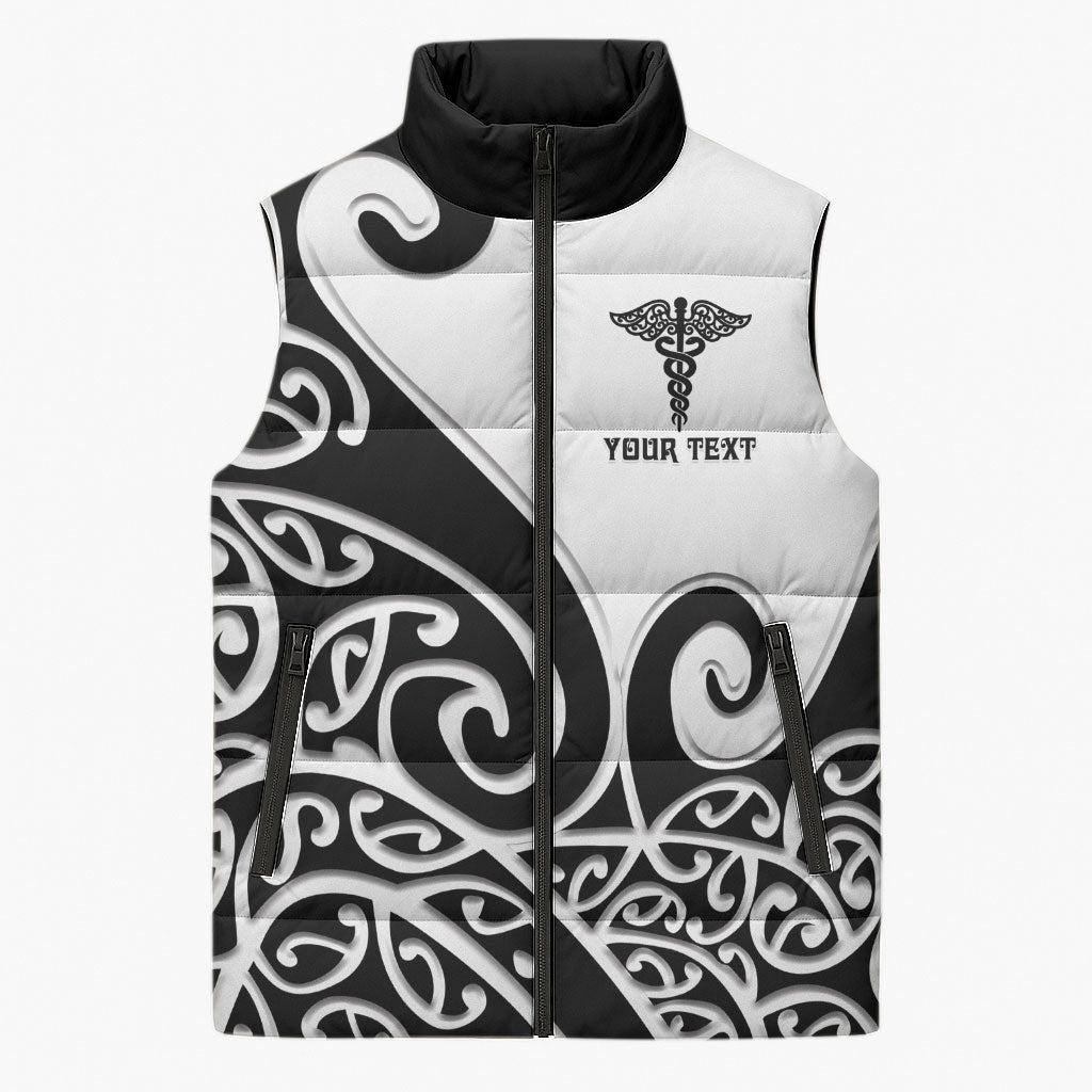 Personalised New Zealand Nurse Sleeveless Puffer Jacket Maori Koru Black Version