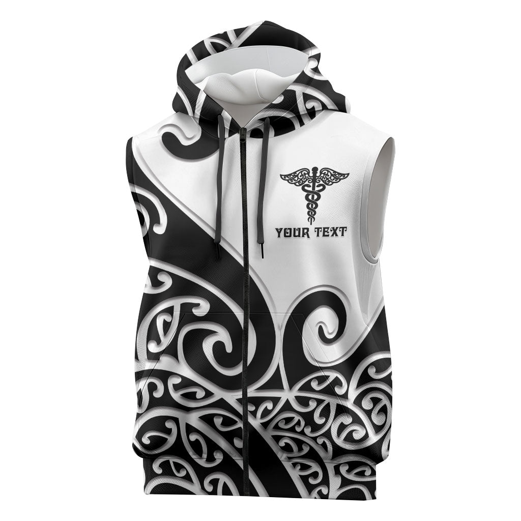Personalised New Zealand Nurse Sleeveless Zip Hoodie Maori Koru Black Version