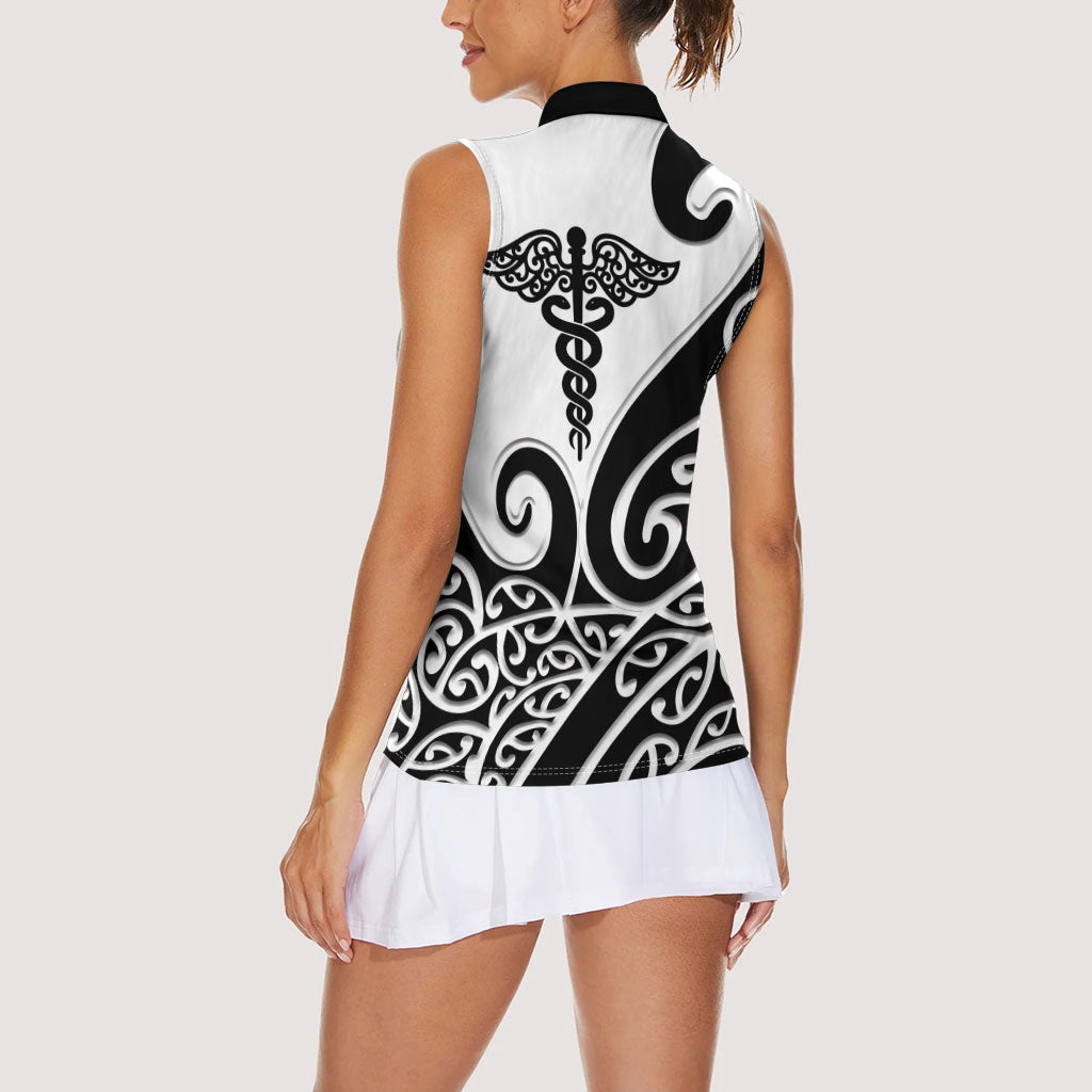 Personalised New Zealand Nurse Women Sleeveless Polo Shirt Maori Koru Black Version