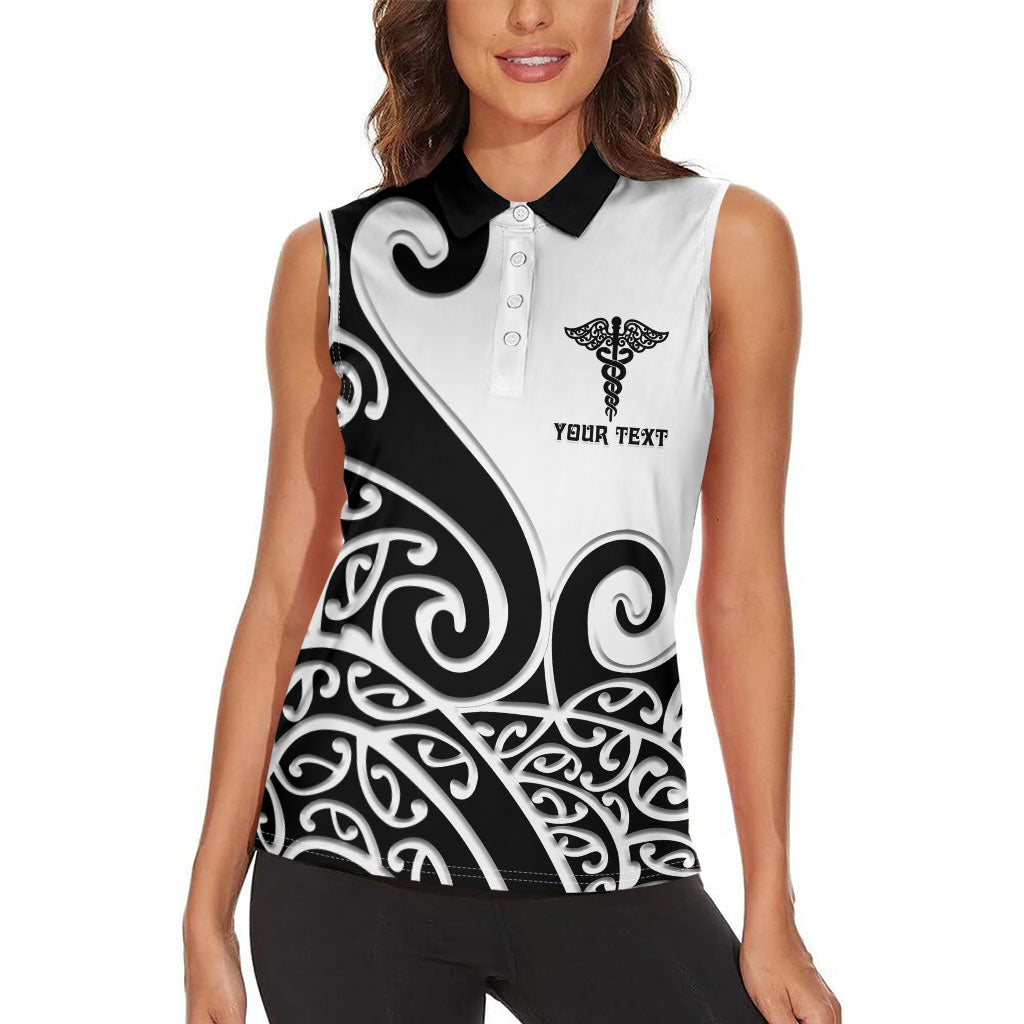 Personalised New Zealand Nurse Women Sleeveless Polo Shirt Maori Koru Black Version