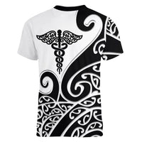 Personalised New Zealand Nurse Women V-Neck T-Shirt Maori Koru Black Version