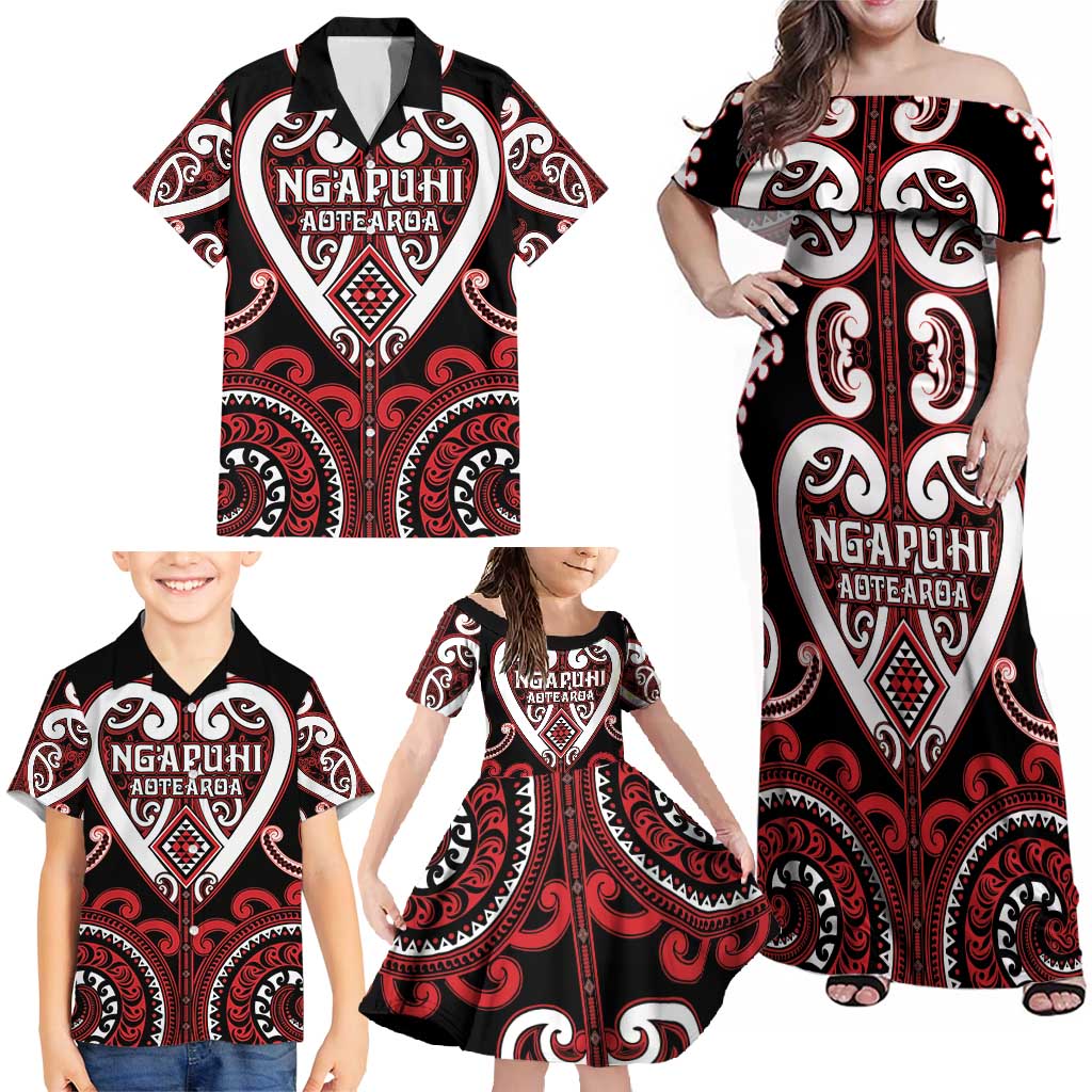 Custom Aotearoa Ngapuhi Family Matching Off Shoulder Maxi Dress and Hawaiian Shirt Maori Tribal Pattern