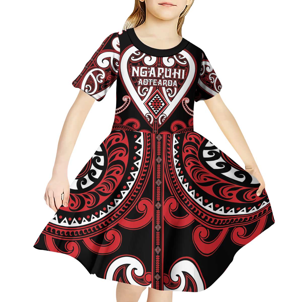 Custom Aotearoa Ngapuhi Kid Short Sleeve Dress Maori Tribal Pattern