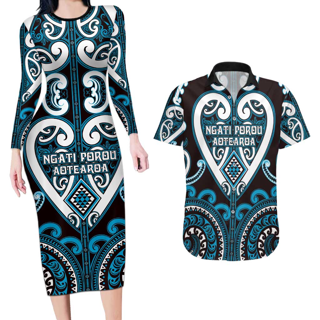 Custom Aotearoa Ngati Porou Couples Matching Long Sleeve Bodycon Dress and Hawaiian Shirt Maori Tribal Pattern