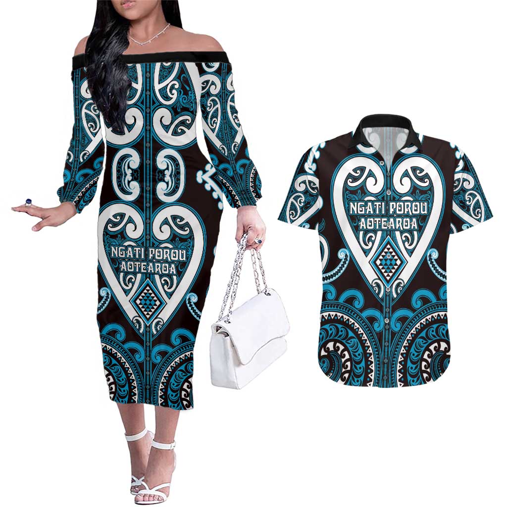 Custom Aotearoa Ngati Porou Couples Matching Off The Shoulder Long Sleeve Dress and Hawaiian Shirt Maori Tribal Pattern