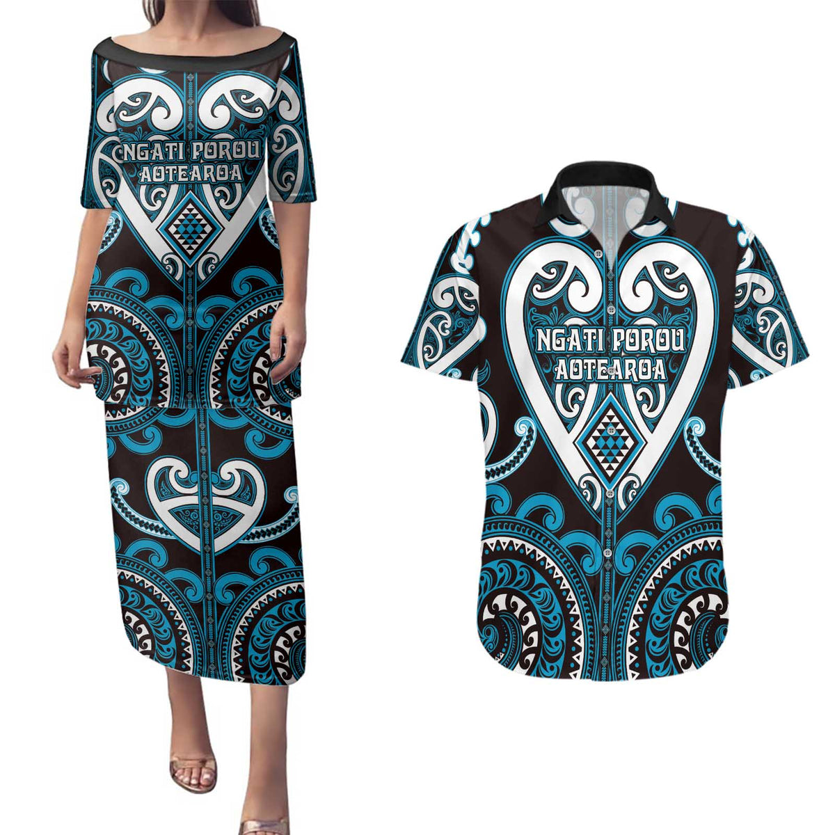 Custom Aotearoa Ngati Porou Couples Matching Puletasi and Hawaiian Shirt Maori Tribal Pattern