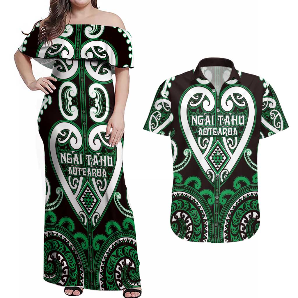 Custom Aotearoa Ngai Tahu Couples Matching Off Shoulder Maxi Dress and Hawaiian Shirt Maori Tribal Pattern