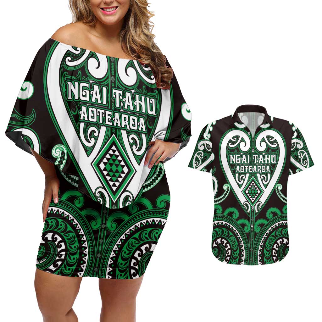 Custom Aotearoa Ngai Tahu Couples Matching Off Shoulder Short Dress and Hawaiian Shirt Maori Tribal Pattern