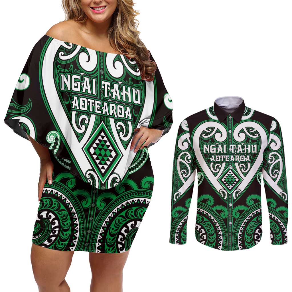 Custom Aotearoa Ngai Tahu Couples Matching Off Shoulder Short Dress and Long Sleeve Button Shirt Maori Tribal Pattern
