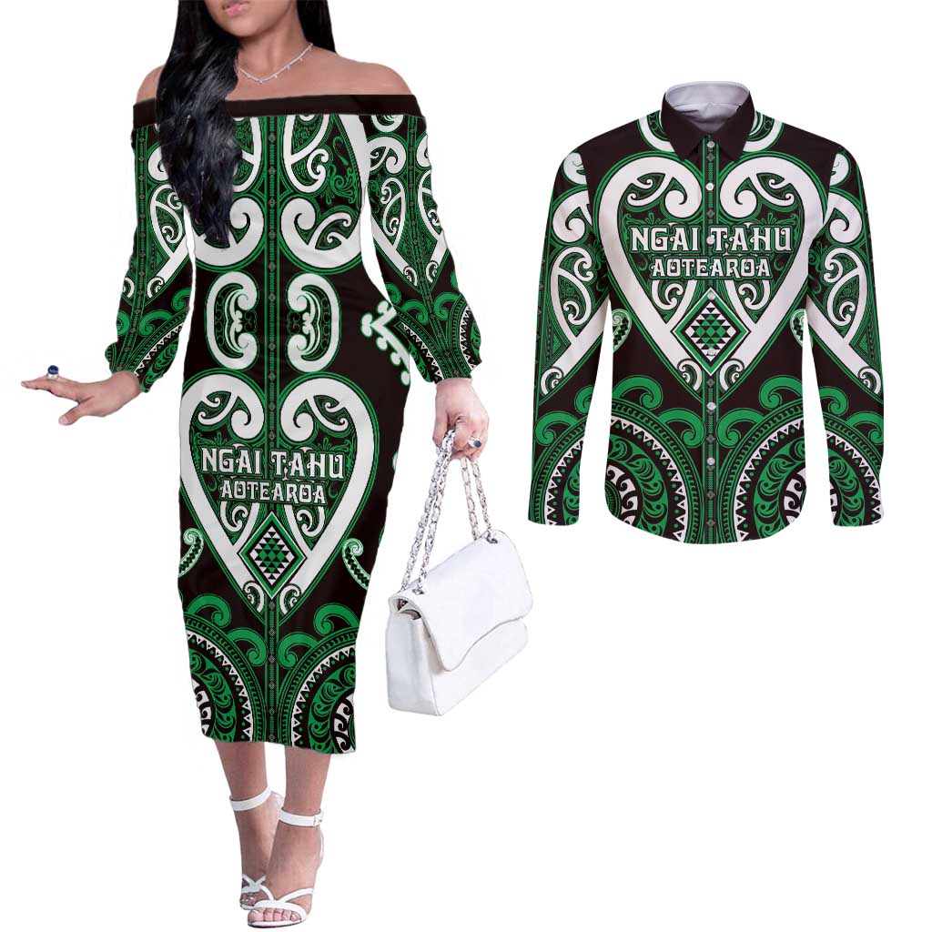Custom Aotearoa Ngai Tahu Couples Matching Off The Shoulder Long Sleeve Dress and Long Sleeve Button Shirt Maori Tribal Pattern