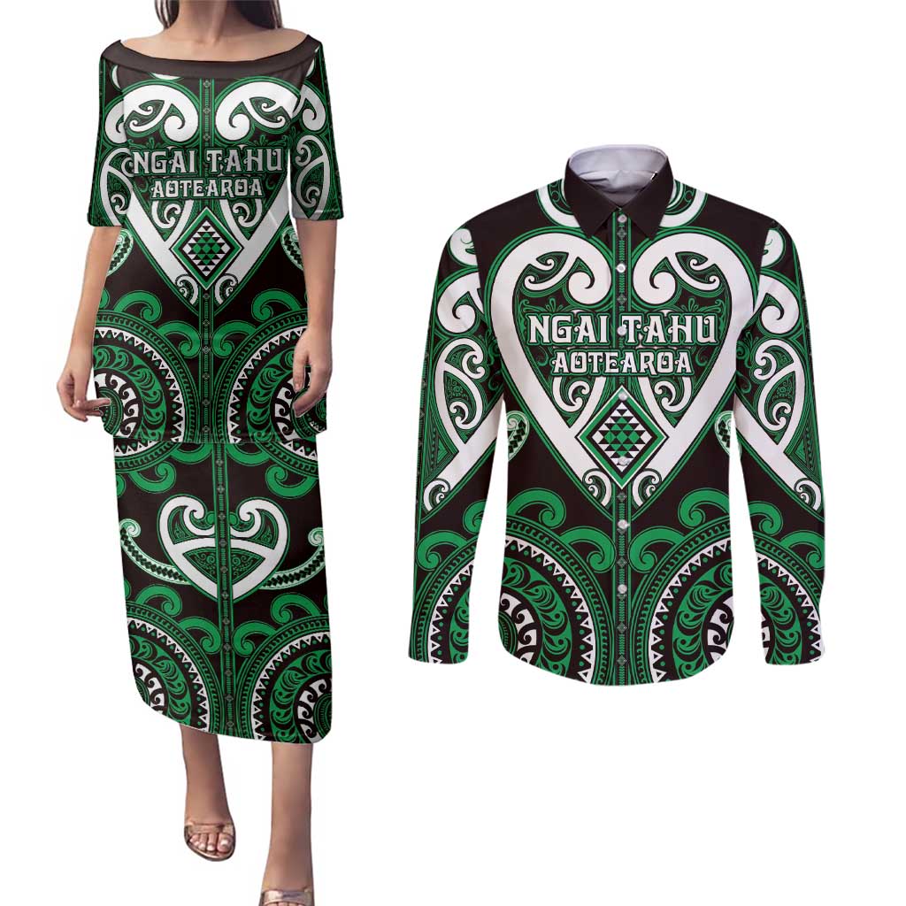 Custom Aotearoa Ngai Tahu Couples Matching Puletasi and Long Sleeve Button Shirt Maori Tribal Pattern