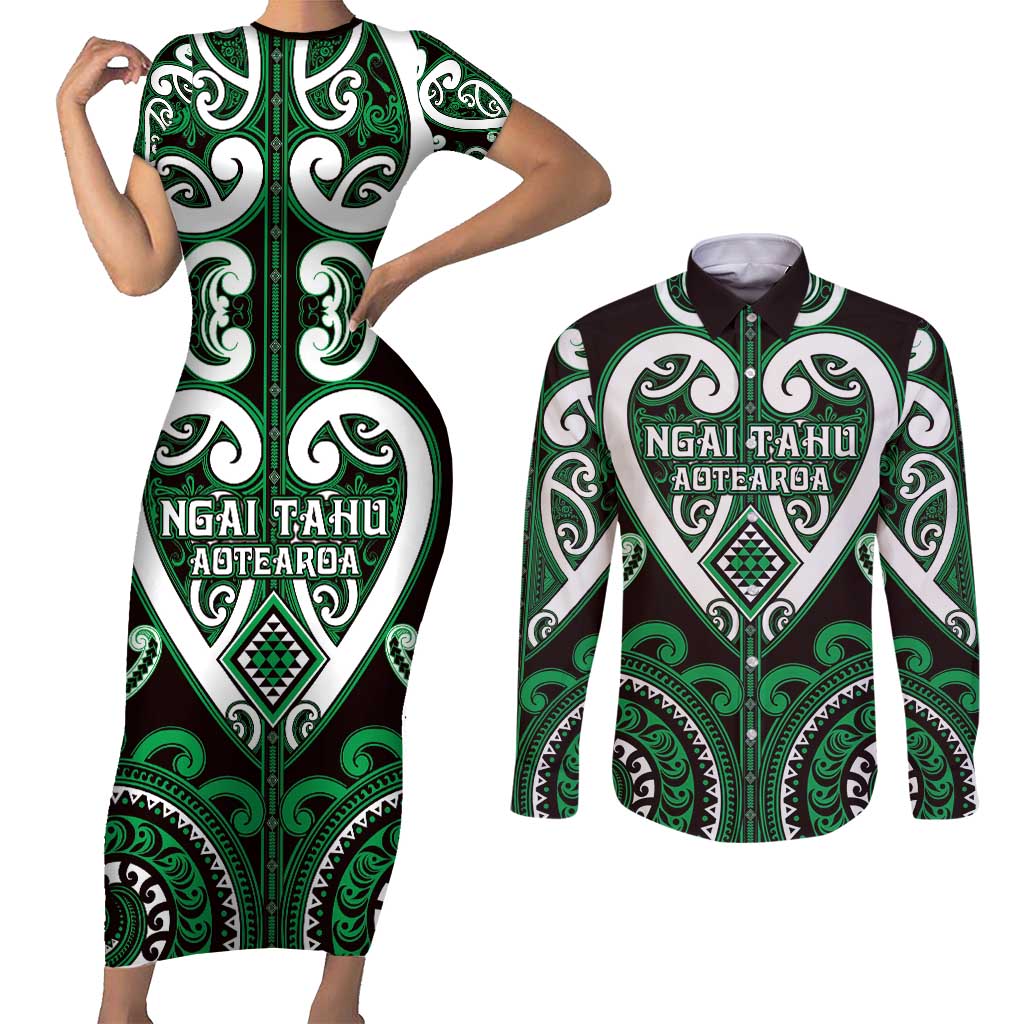 Custom Aotearoa Ngai Tahu Couples Matching Short Sleeve Bodycon Dress and Long Sleeve Button Shirt Maori Tribal Pattern