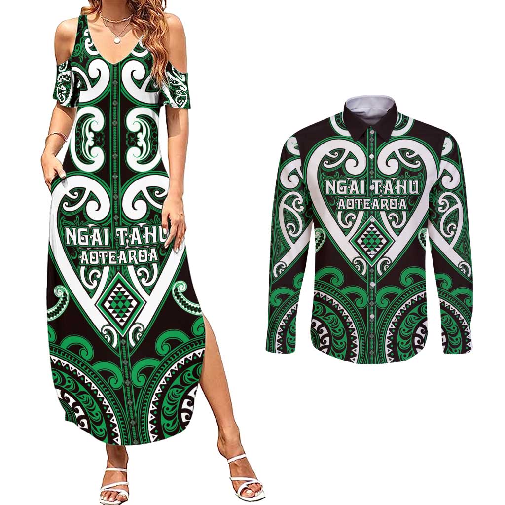 Custom Aotearoa Ngai Tahu Couples Matching Summer Maxi Dress and Long Sleeve Button Shirt Maori Tribal Pattern