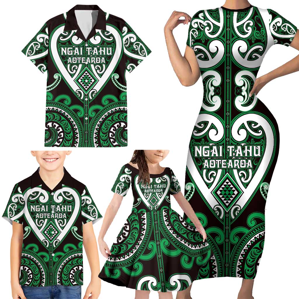 Custom Aotearoa Ngai Tahu Family Matching Short Sleeve Bodycon Dress and Hawaiian Shirt Maori Tribal Pattern