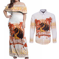 Hawaiian Volcano Lava Flow Couples Matching Off Shoulder Maxi Dress and Long Sleeve Button Shirt With Hawaiian Tapa Pattern