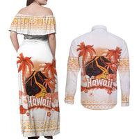 Hawaiian Volcano Lava Flow Couples Matching Off Shoulder Maxi Dress and Long Sleeve Button Shirt With Hawaiian Tapa Pattern